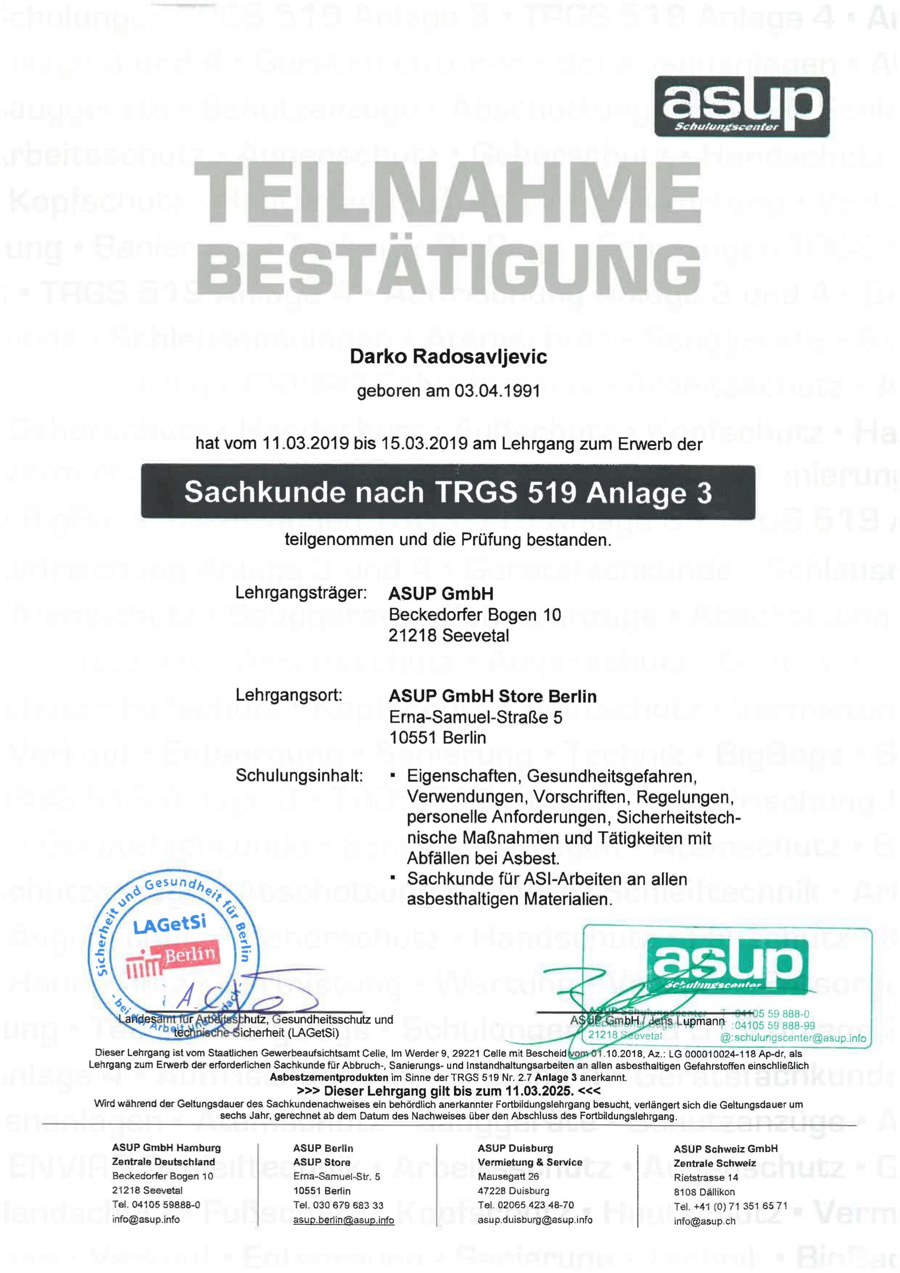 Sachkunde TRGS 519 Asbestsanierung – LAGetSi Berlin
