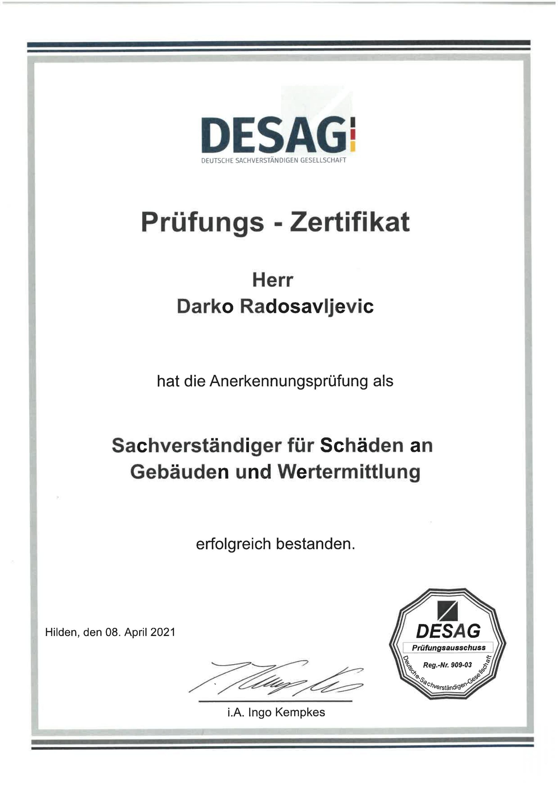 Prüfungszertifikat Sachverständiger – Schäden an Gebäuden und Wertermittlung